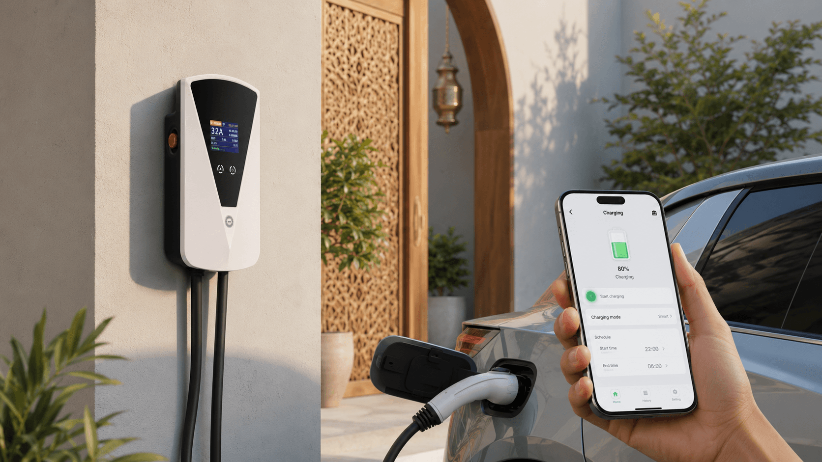 Application mobile de smart charging utilisée près d'une voiture électrique