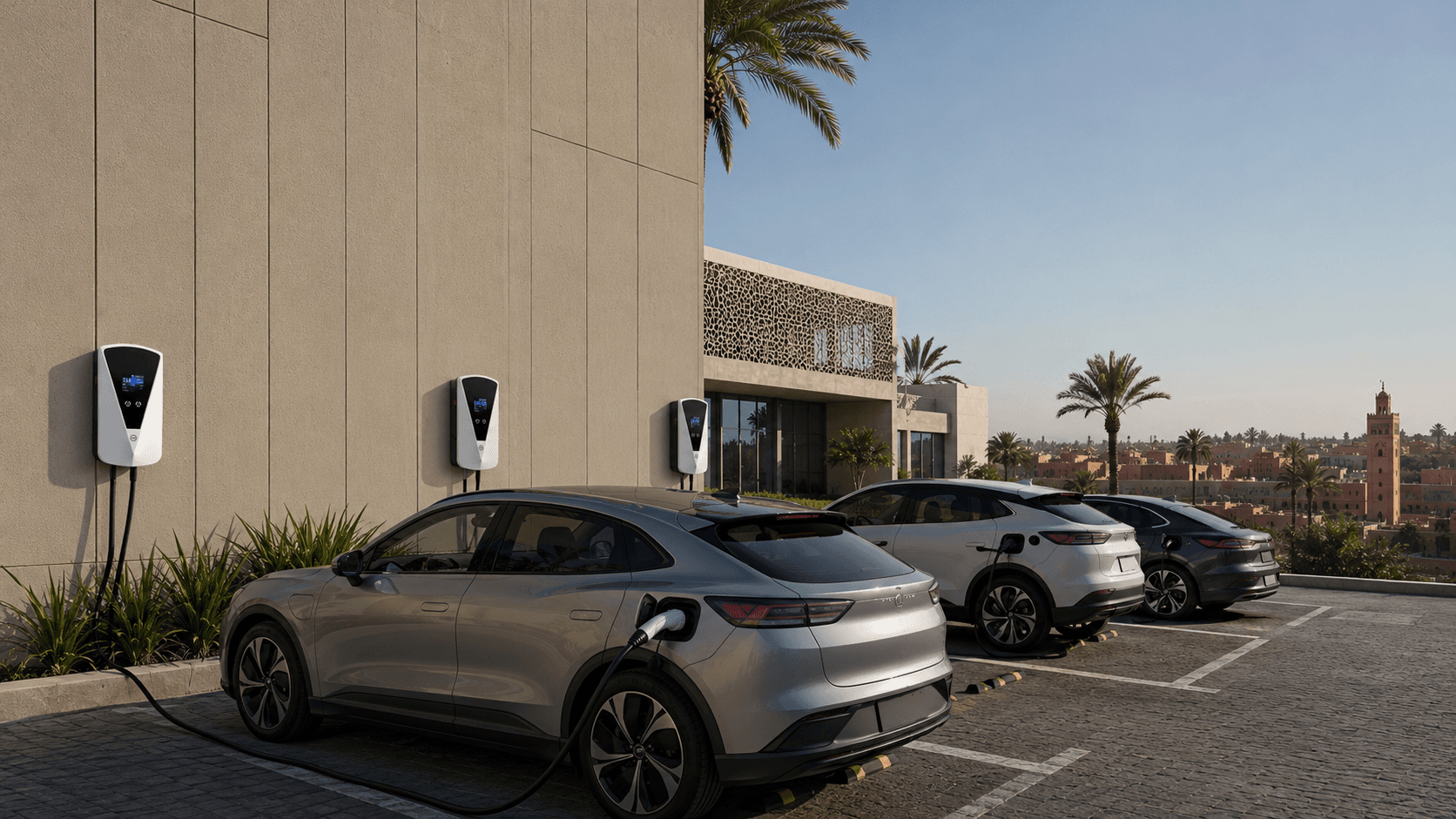Parking d'entreprise équipé de bornes pour voitures électriques