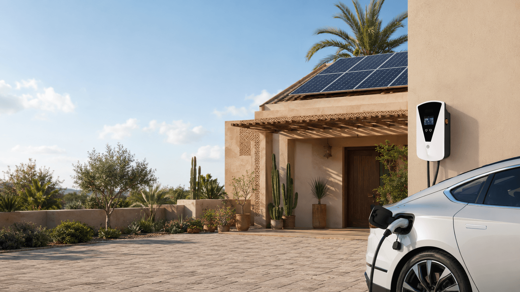 Villa équipée de panneaux solaires et d'une borne de recharge électrique